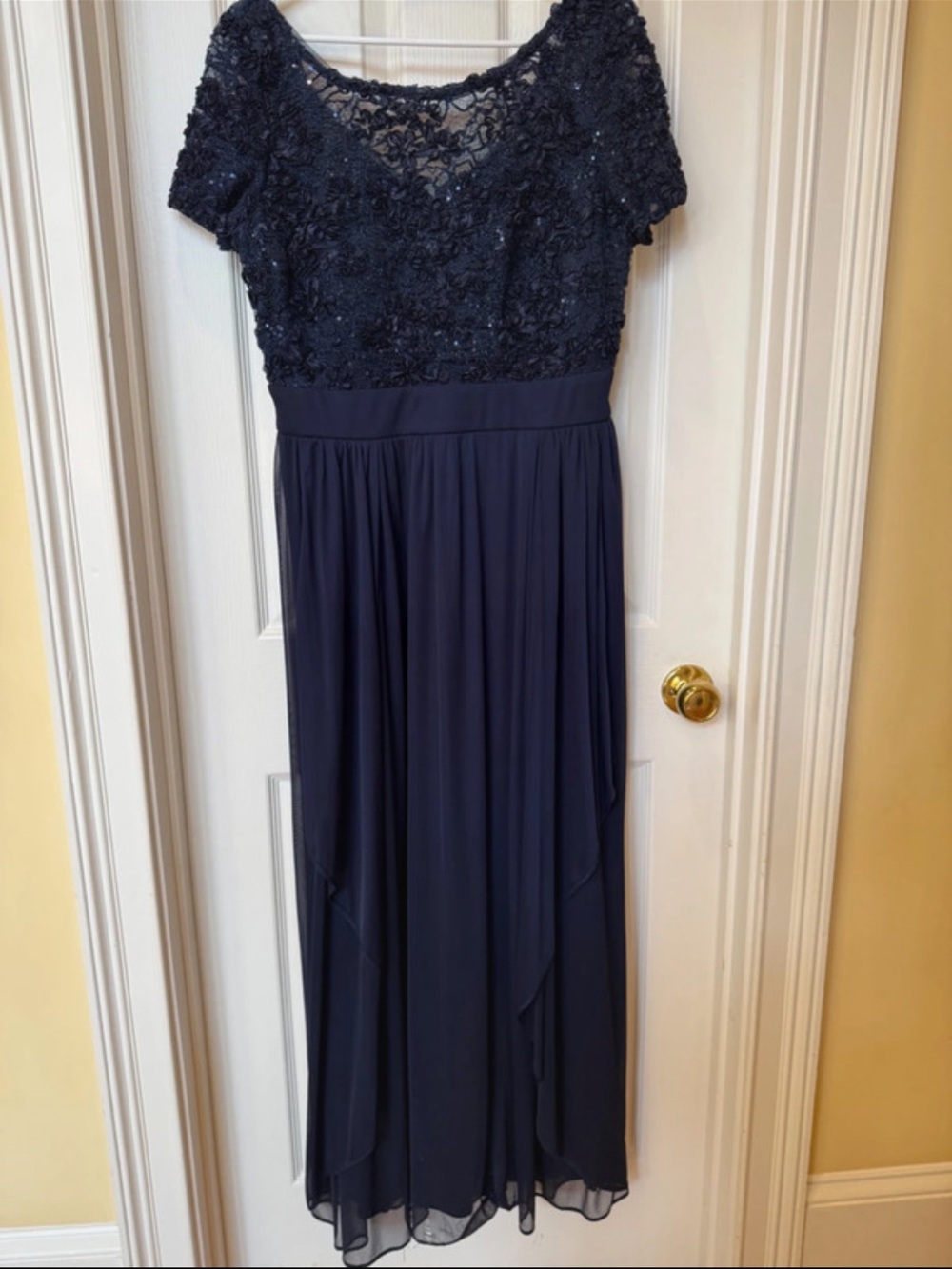 R&M Richards Navy Beaded Lace Bodice Maxi Dress